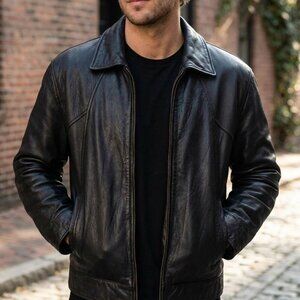 Vintage Y2K Georgetown Leather Design Black Bomber Jacket - Double Zip - Small